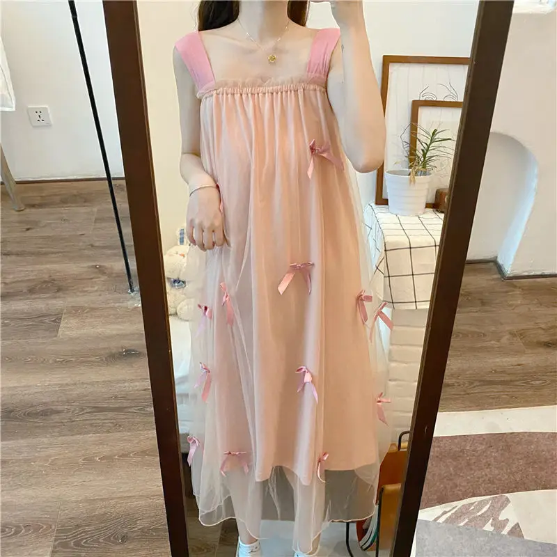 

2021 Summer Sweet Pink Strap Dress Bow Elegant Designer Fairy Mesh Dress Female Korean Sleeveless Japan Style Sweet Kawaii Dress