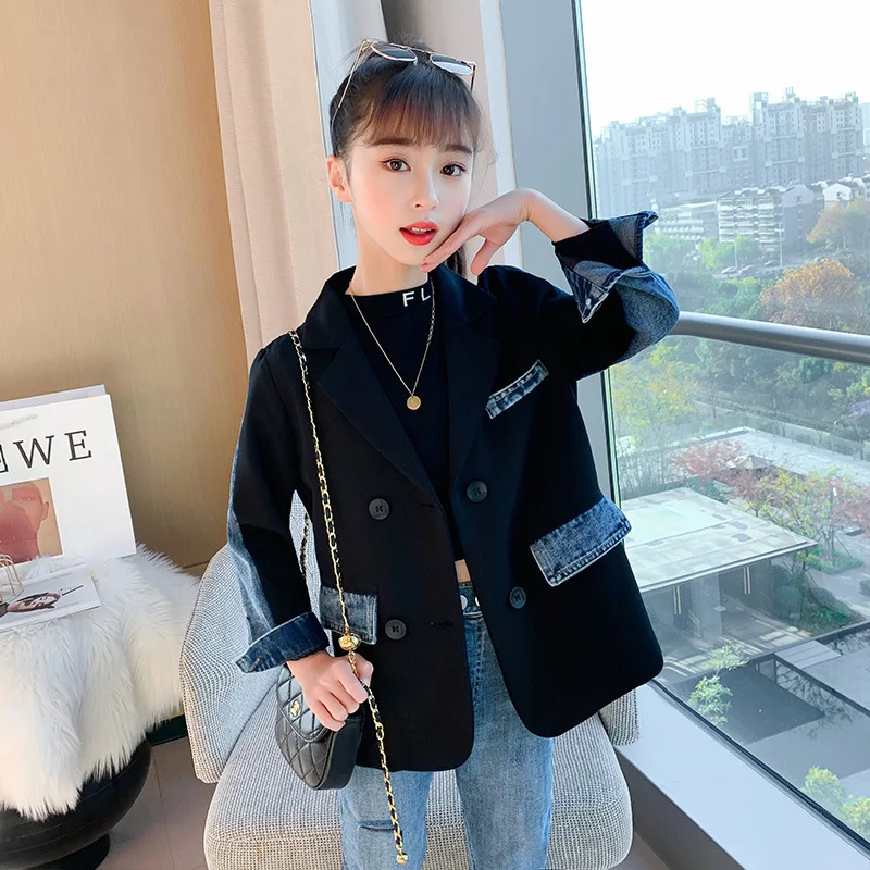 

Korean Spring Kids Girls Denim Patchwork Jackets Children Western-style Clothes Double Button Loose Coats Toddler Jeans Tops