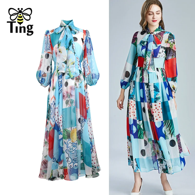 Женское шифоновое платье-миди с бантом на воротнике трапециевидного силуэта -