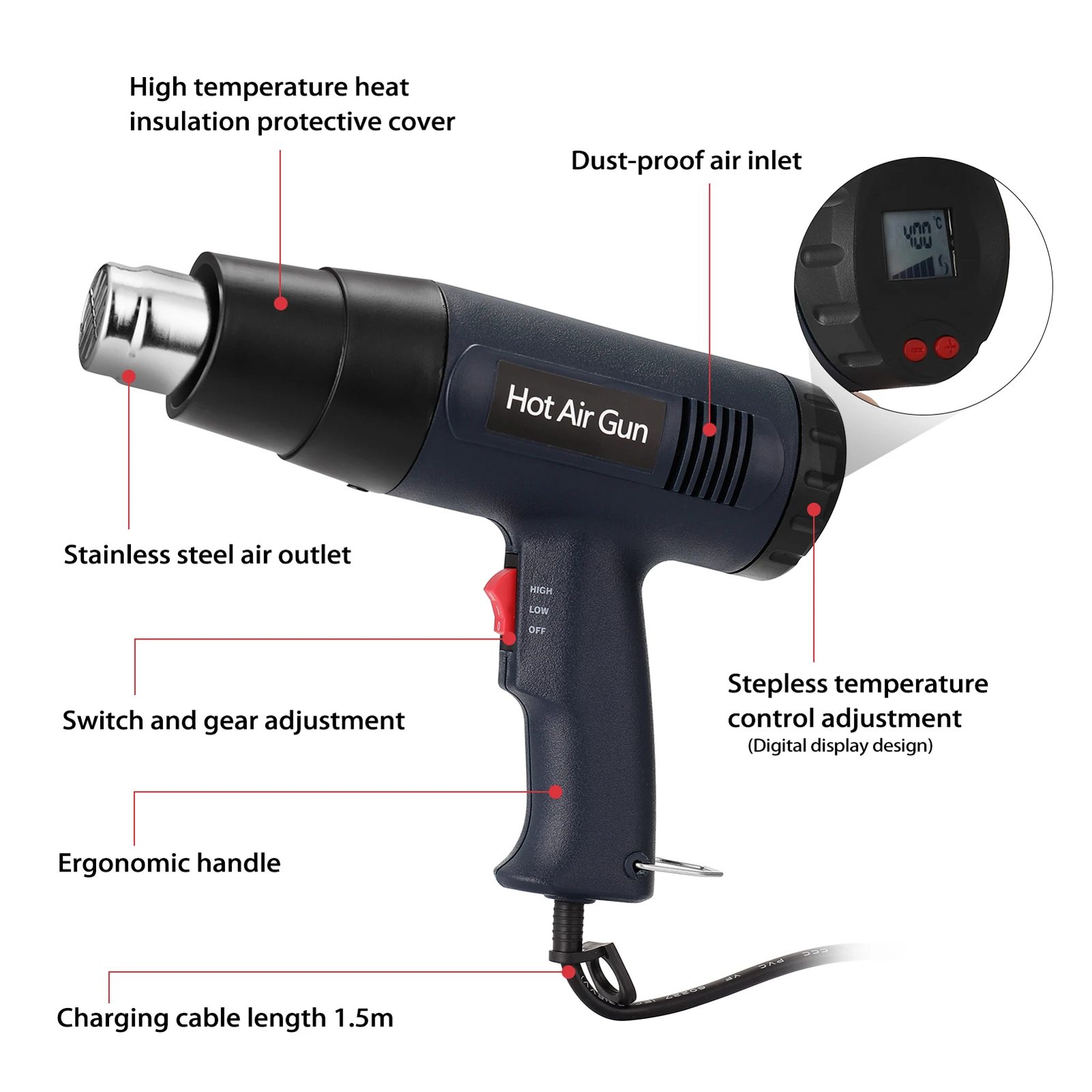 

2000W Portable Digital Display Electric Hot Air Machine Handheld Dual Wind Speed Film Heating Hot Air Power Tool