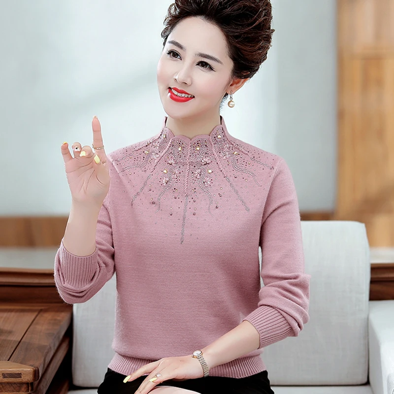 Вязаный свитер-водолазка для женщин среднего возраста теплые пуловеры полный