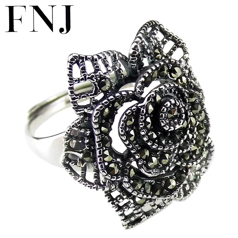 

FNJ кольцо с розовым цветком, серебро 925 пробы, регулируемый размер, открытое популярное, S925, цельное серебряное кольцо для женщин, ювелирное изделие, марказит