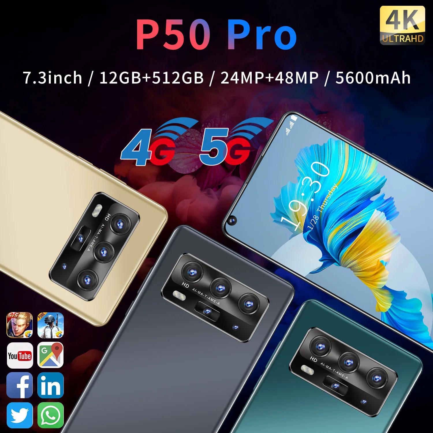 

Global Version P50 Pro Rear Five Camera 48MP Smartphone 8/12GB+256/512GB 7.3" 5600mAh Android 10 Dual SIM Card Mobile Phone