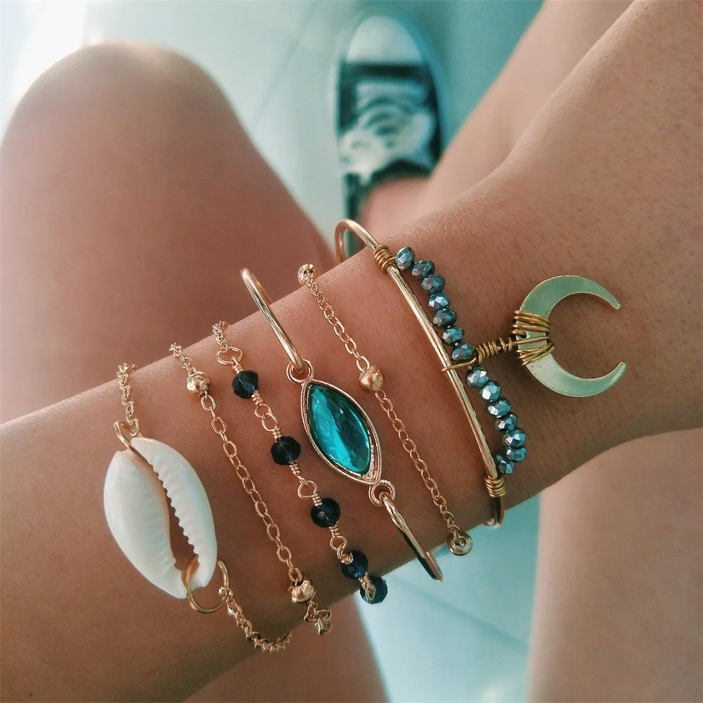 6 шт./компл. винтажные браслеты цепочка с Луной и бисером сердце овальные