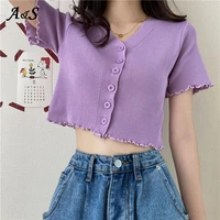 anbenser y2k aesthetic purple female top summer knitted t shirt women grunge style v neck short sleeve t shirts femme streetwear