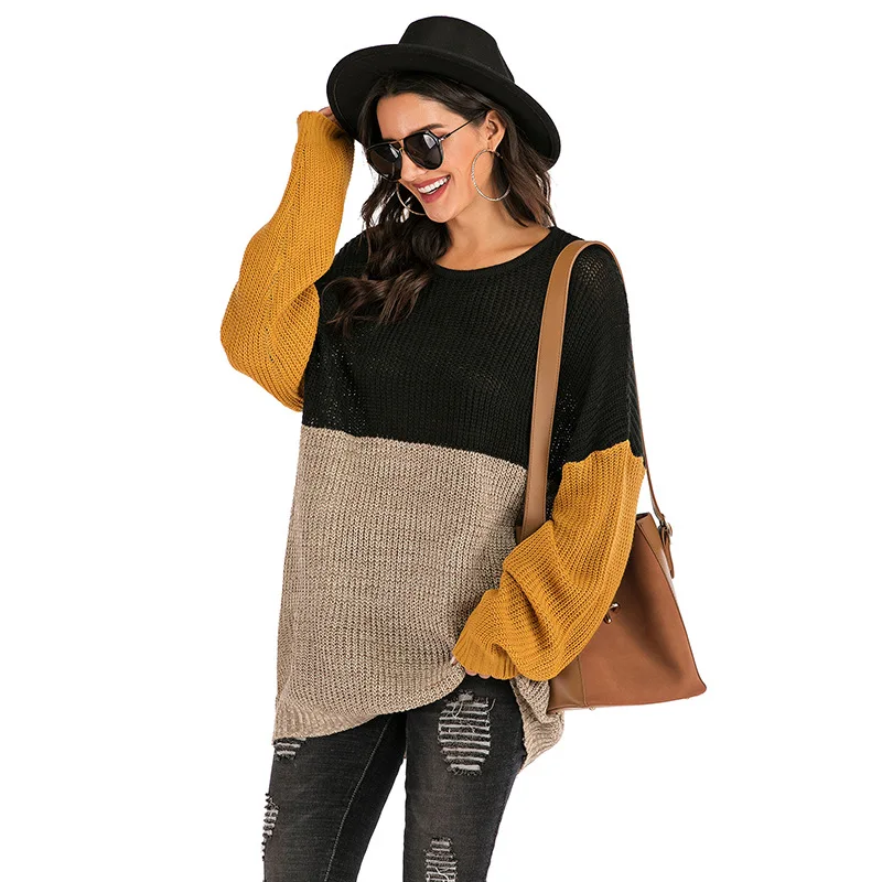 

Europe and The United States 2021 Fall Hit Color Loose Round Neck Casual Fashion Bat Sleeve Knitted Mid-length Sweater Women