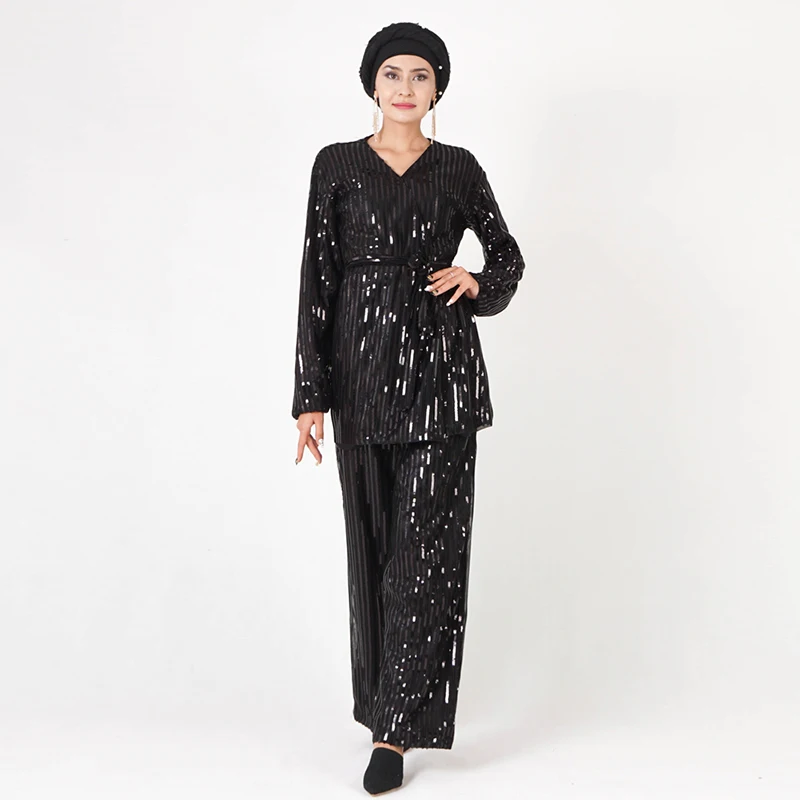 Блесток abaya Дубай мусульманский Топ ансамбль Femme 2 шт. Pantalon Оман Пакистан Исламская молитва одежда для женщин хиджаб платье комплект