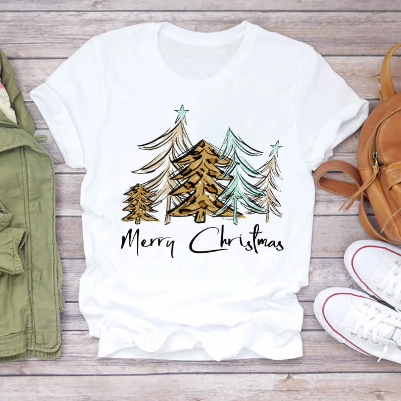

Женская футболка с рисунком рождественской елки и леопарда, женские модные футболки с коротким рукавом, топы в стиле Харадзюку для девочек