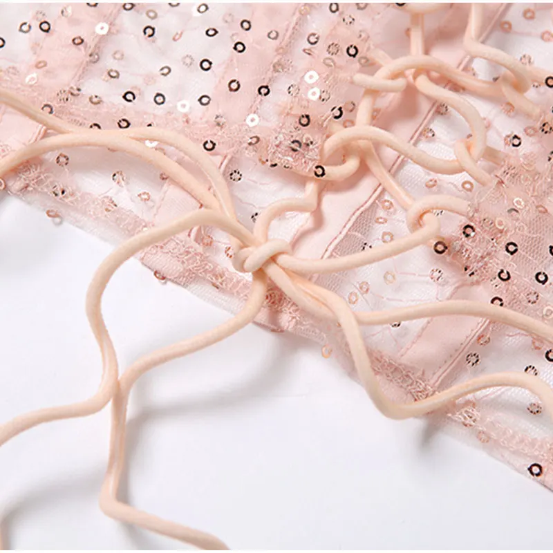 

Pink Off Shoulder Sequin Camis Women Fairy Grunge Big Bows Mesh Patchwork Bustier Tops Summer Sexy Bandage See Through Bra Top