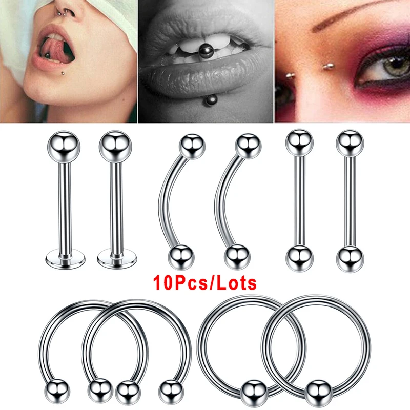 

New 10Pcs/lots Stainless Steel Color Body Piercing Eyebrow Nose Ring Barbell Tongue Horseshoe Jewelry