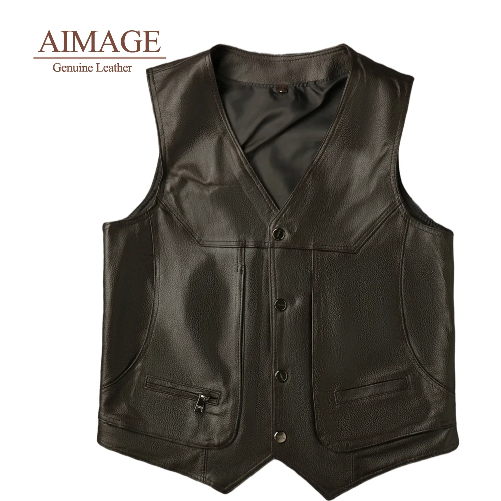 Top layer cowhide men's leather vest Genuine Leather Vest Motorcycle Mens Fit Real Brown Cow Leather Waistcoat Bikers Vest Size