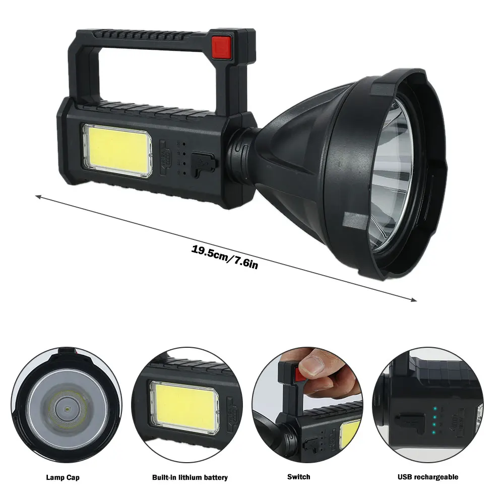 

LED Flashlight Torch USB Rechargeable SearchLight Waterproof Spotlight With Basic Fishing Light Lantern Hand Held Flood Light
