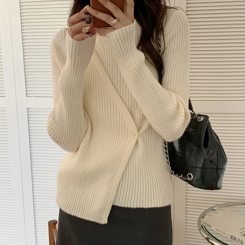 

Женский трикотажный свитер в стиле Харадзюку, однотонный облегающий свитер для работы, Офисная верхняя одежда для осени, 2021