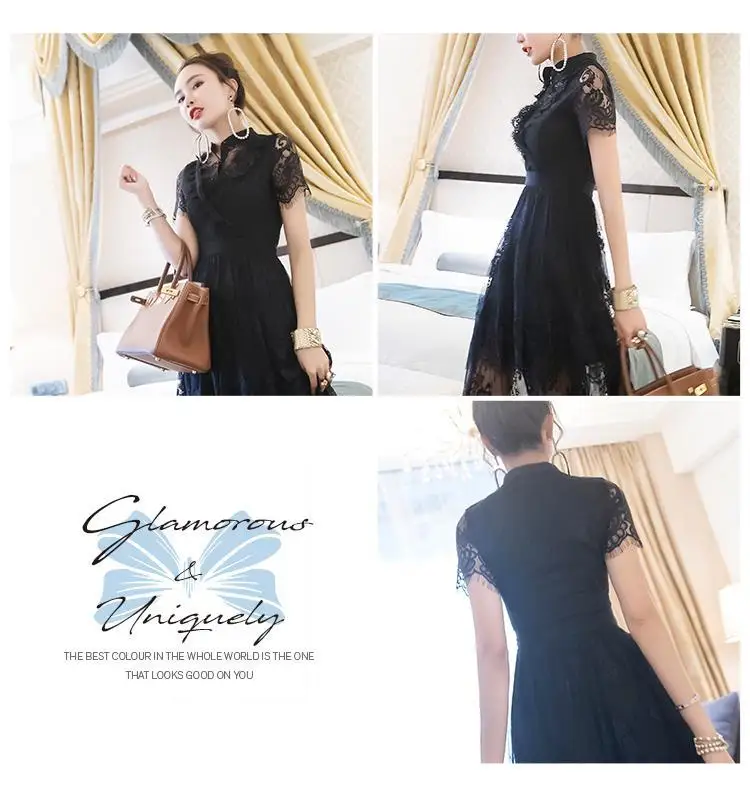 

2021 New Women's Summer Dress Waist Slim Temperament Socialite Black Lace Short Sleeve A- Line Skirt Long