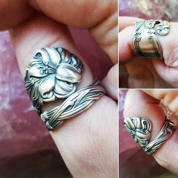 

Large Silver Plated Tiger Lily Ring Hand Carved Flower Ring Pattern Ring for Her Party Anniversary Gifts Vintage Women Jewelry