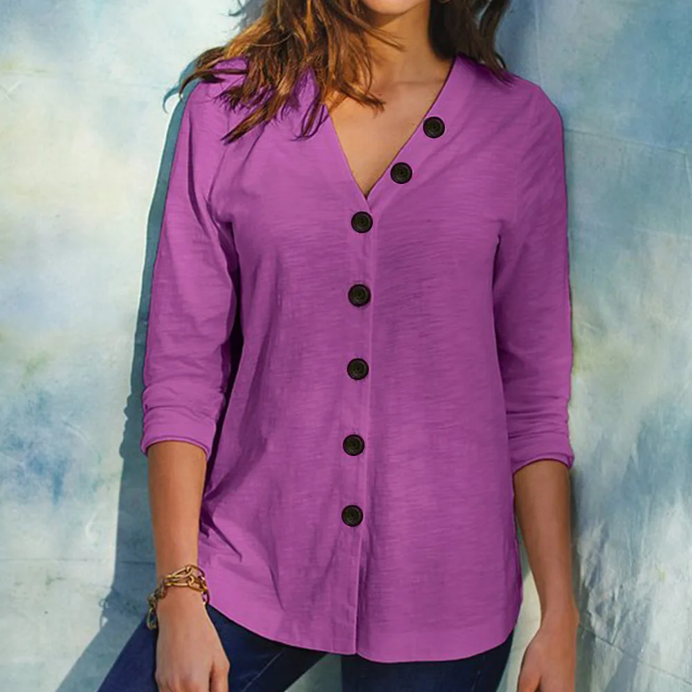 

Elegant Women Simple Solid Shirts Autumn Button V Neck Long Sleeve Blouse Casual Office Lady Tops Single Breasted Black Blous