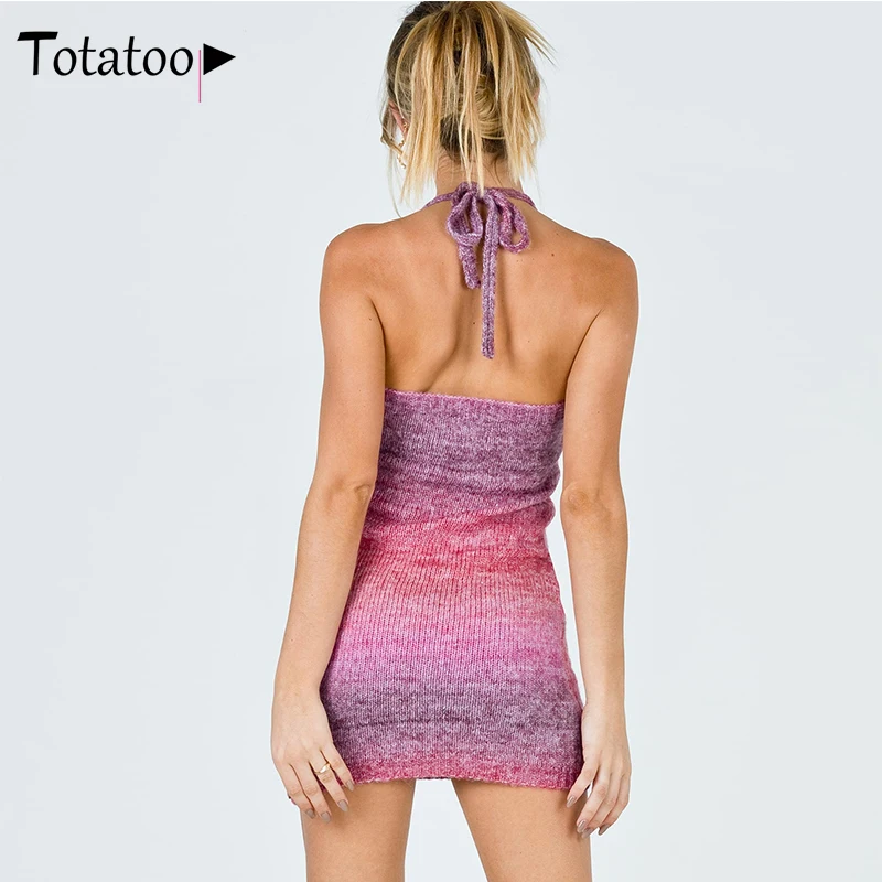 

Totatoop Rainbow Print Boho Summer Dress For Women 2021 Halter Backless V Neck Beach Party Sexy Dress Y2K Knitted Vestidos
