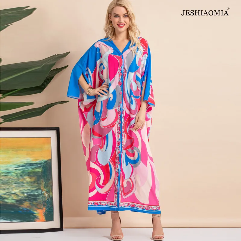 

JESHIAOMIA- 2021 Summer V Neck Print Batwing Sleeve Maxi Dress