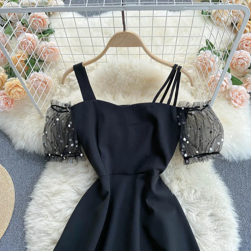 

Dresses Summer 2021 Ladies Off-the-shoulder Mesh Puff Short Sleeve Dress White Strap Dress Women Short Sexy Mini Dress Women