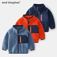 mudkingdom boy fleece coat fashion turtleneck patchwork zipper autumn winter outerwear for kids long sleeve loose fit tops