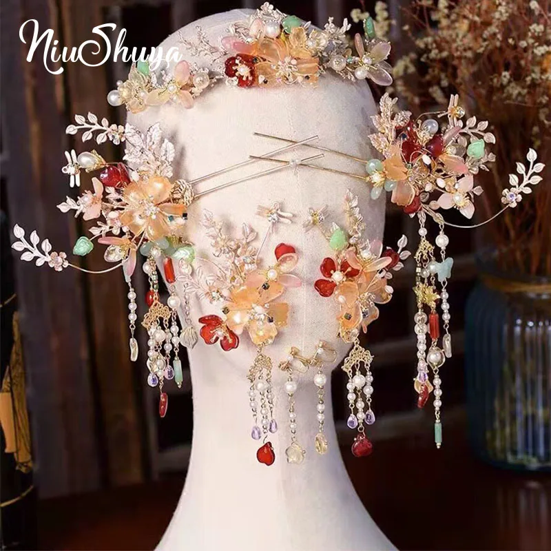 

NiuShuya Traditional Chinese Hairpin Gold Hair Combs Wedding Hair Accessories Headband Stick Headdress Head Jewelry