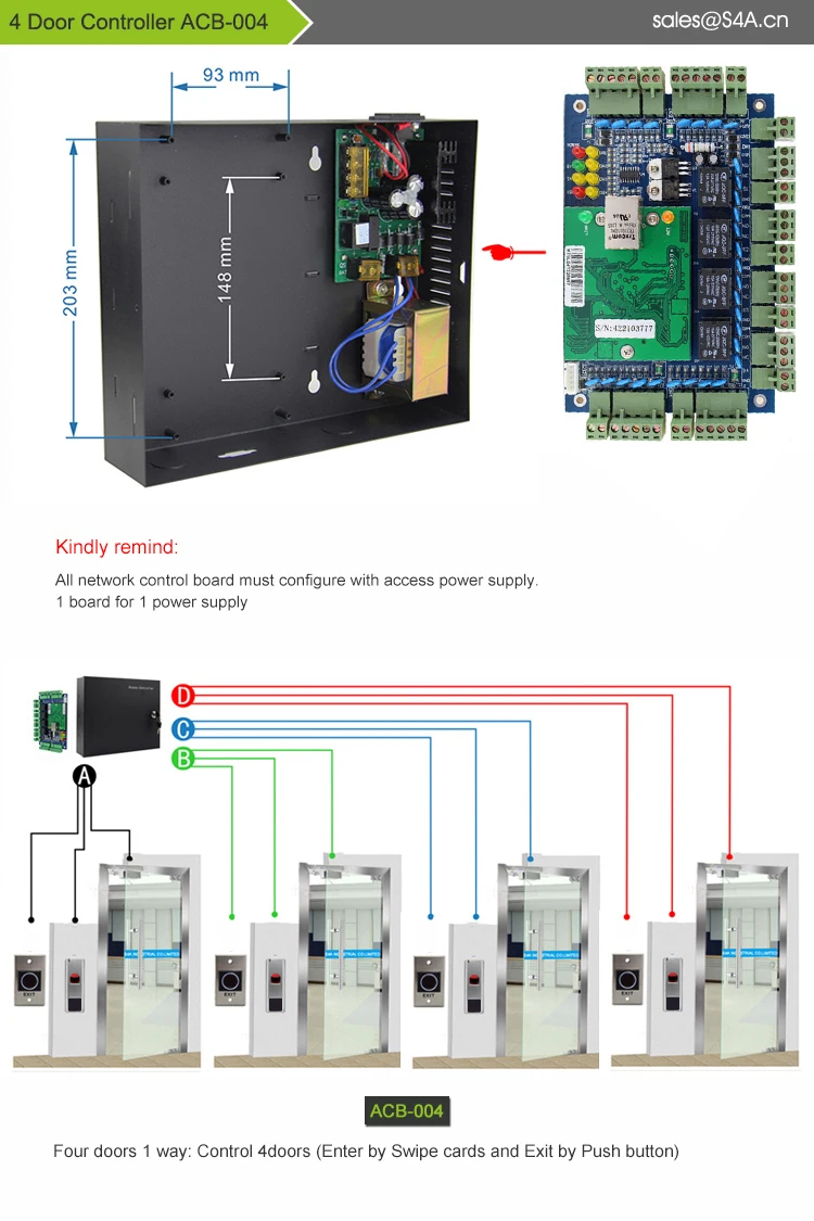 Четыре двери доступа к сети Управление Панель доска с программным обеспечением Связь протокол TCP/IP считыватели считыватель для 4-дверный шкаф для Применение