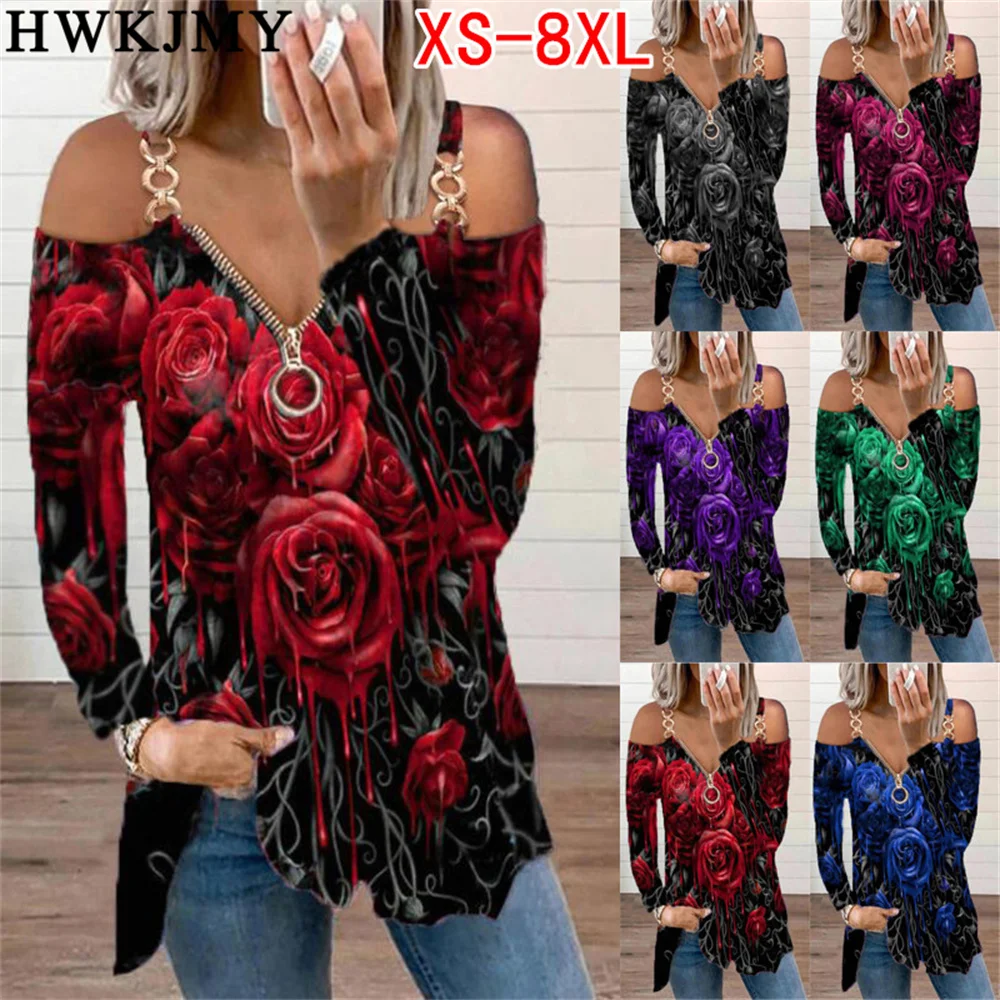 New Fashion Women Luxury Skinny Rose T-Shirt Flower Printed Off-Shoulder Long Sleeve Top Loose Clothing Tee XS-8XL