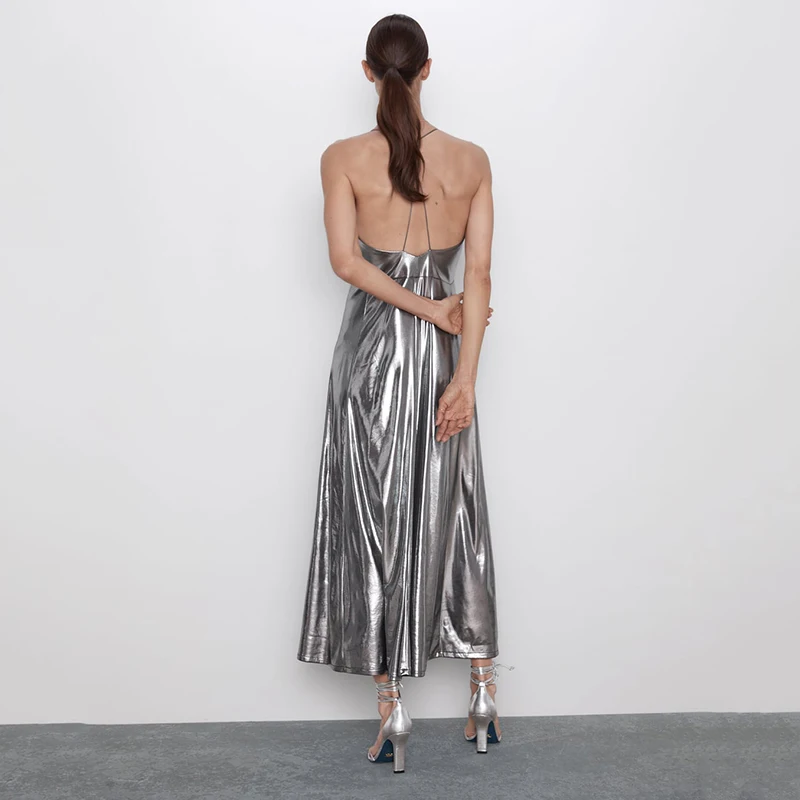 2019 ZA женское Сексуальное Серебряное длинное платье с поясом новые летние женские