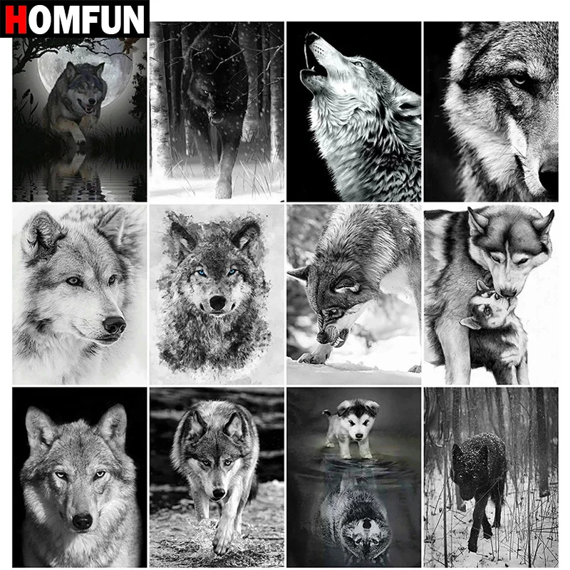 

Алмазная 5D картина HOMFUN «волк, черно-белое животное», вышивка крестиком из квадратных/круглых страз, подарок для домашнего декора, «сделай сам»