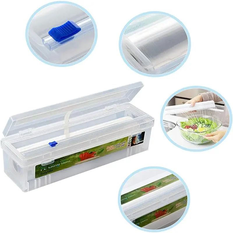 

Plastic Food Wrap Dispenser with Slide Cutter Adjustable Cling Film Cutter Preservation Foil Storage Box with Suction Bottom