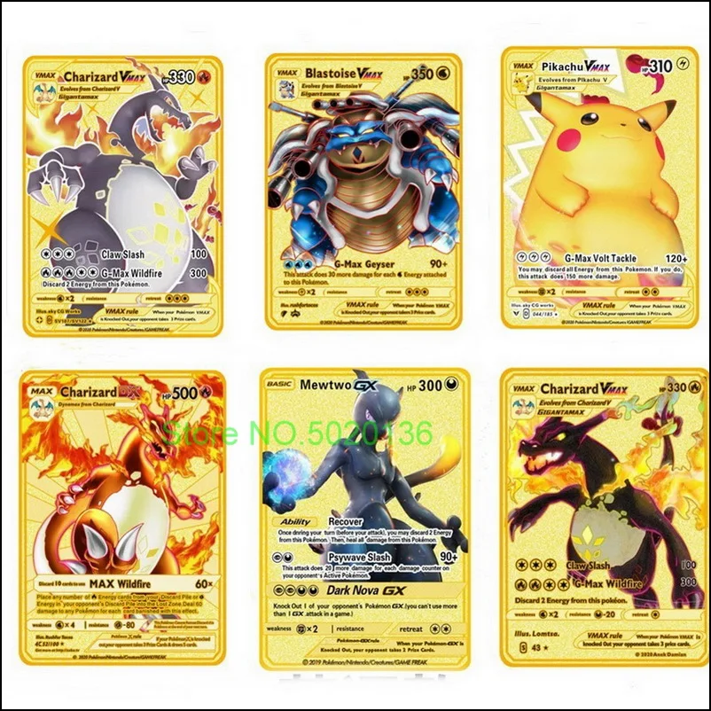 Покемон английская золотая металлическая Charizard Eevee Mewtwo игра Пикачу коллекция