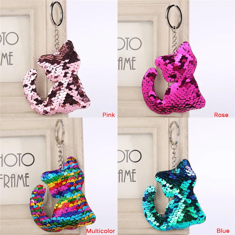 

1PCS Cute Cat Keychain Glitter Pompon Sequins Key Ring Gifts Women Decorative Charms Car Bag Accessories Key Chain