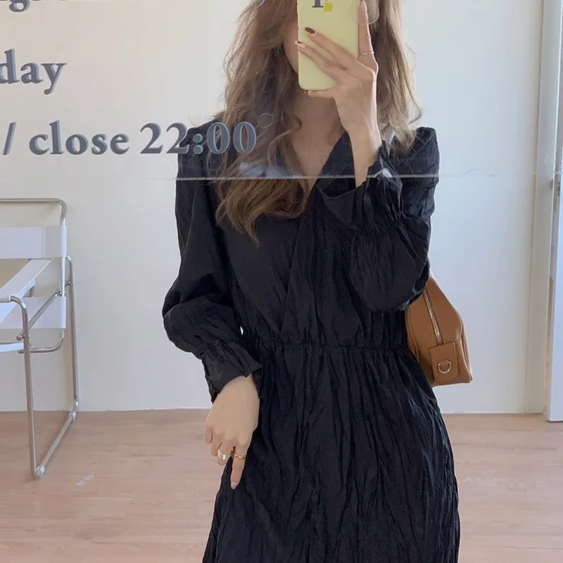 

Women Long Sleeve Dress V-neck Pleated Solid Mid-calf Length Elegant Female All-match Spring Autumn Dresses Korean Style Ulzzang