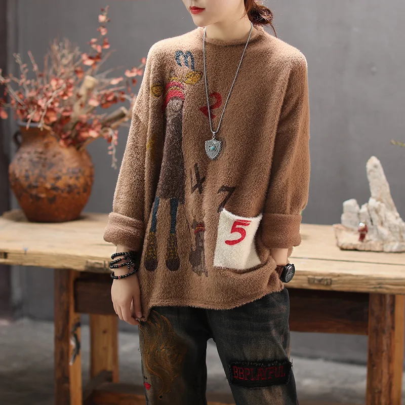 Women Sweater Autumn Retro Loose Knitting Casual Pullovers 2019 New Ladies Tops O-Neck Print Character All-match | Женская одежда
