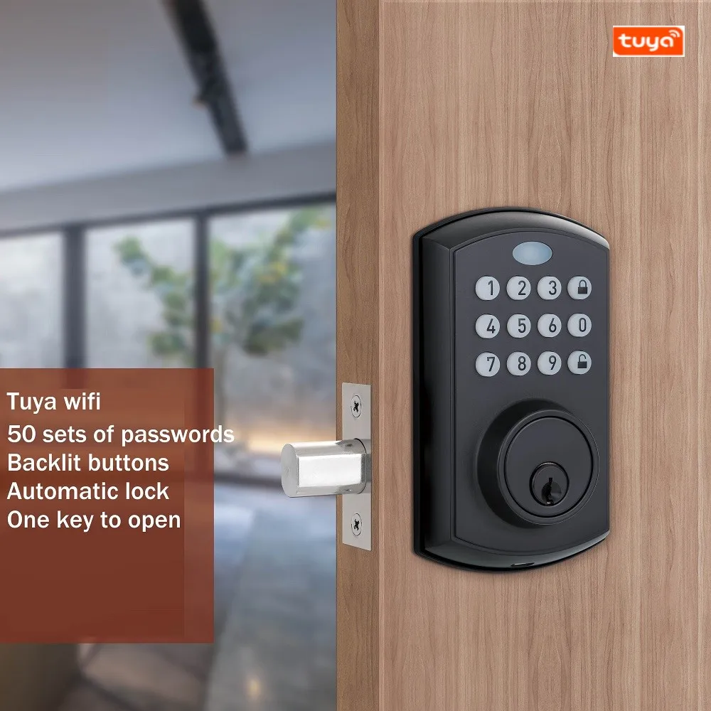 

Tuya Wifi App Keypad Smart Lock Password Key Unlock Electronic Lock Automatic Single Latch Smart US Deadbolt Lock With Keys
