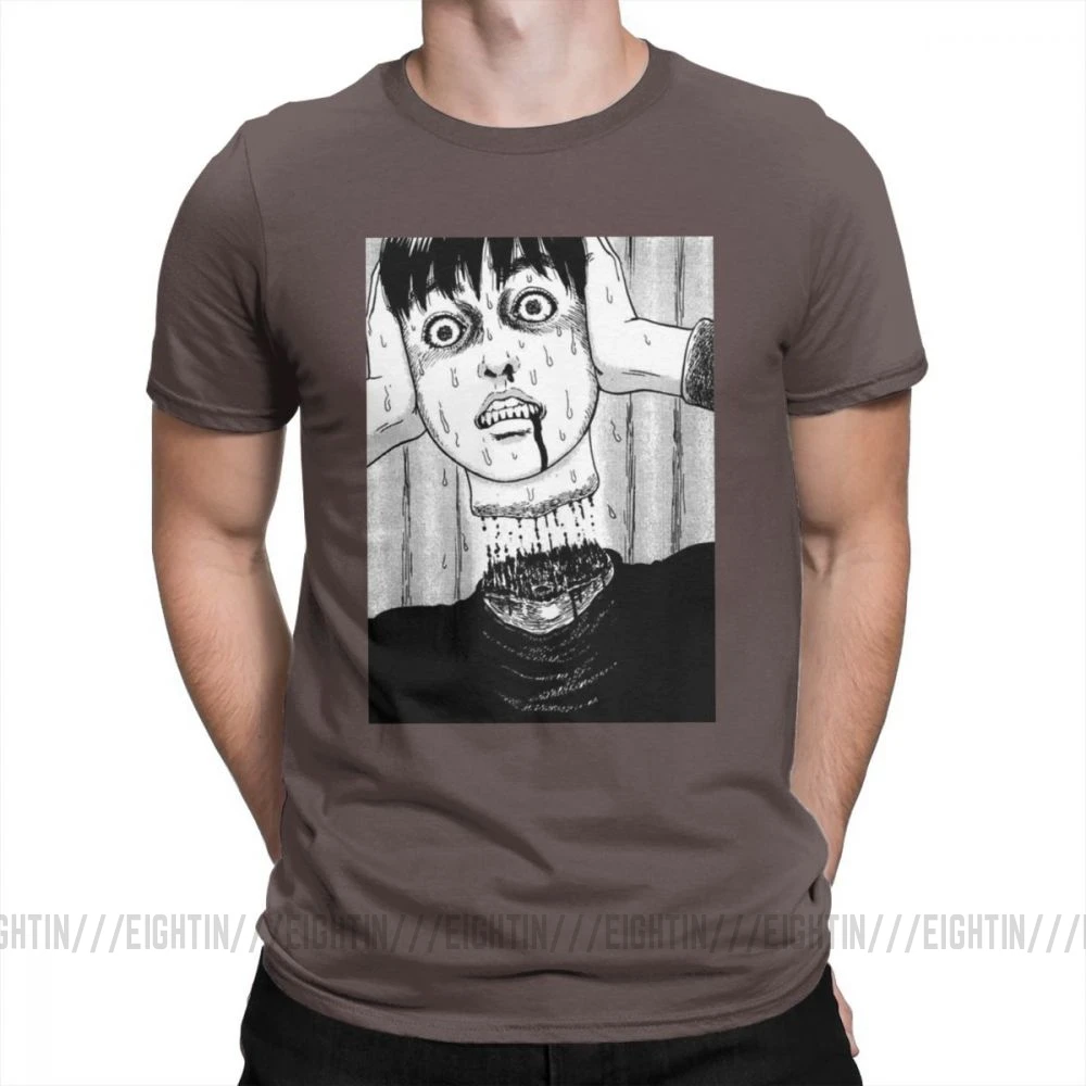 Футболка с воротником под горло HoJunji Ito для Хэллоуина; стильные мужские футболки с короткими рукавами и круглым вырезом; одежда из чистого хлопка; футболки с принтом - Цвет: Коричневый