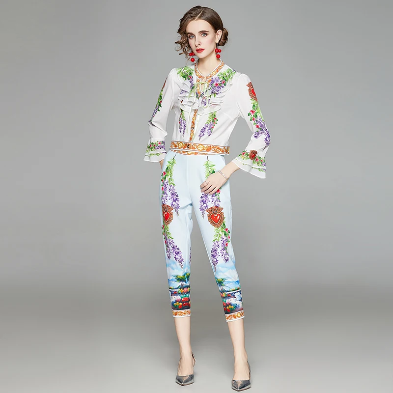 

2022 Spring Autumn Women's Suit European Retro Lapel Printed Long-sleeved Top+High Waist Pants New Waist Female Sets X503
