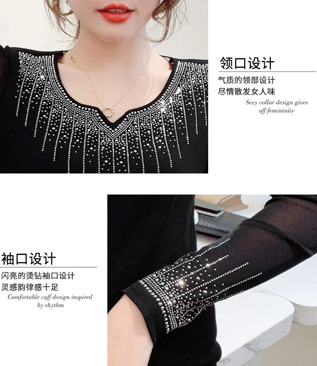

European Women clothes Hot drilling Female Tops long-sleeved Black T-shirt V neck Black shirt