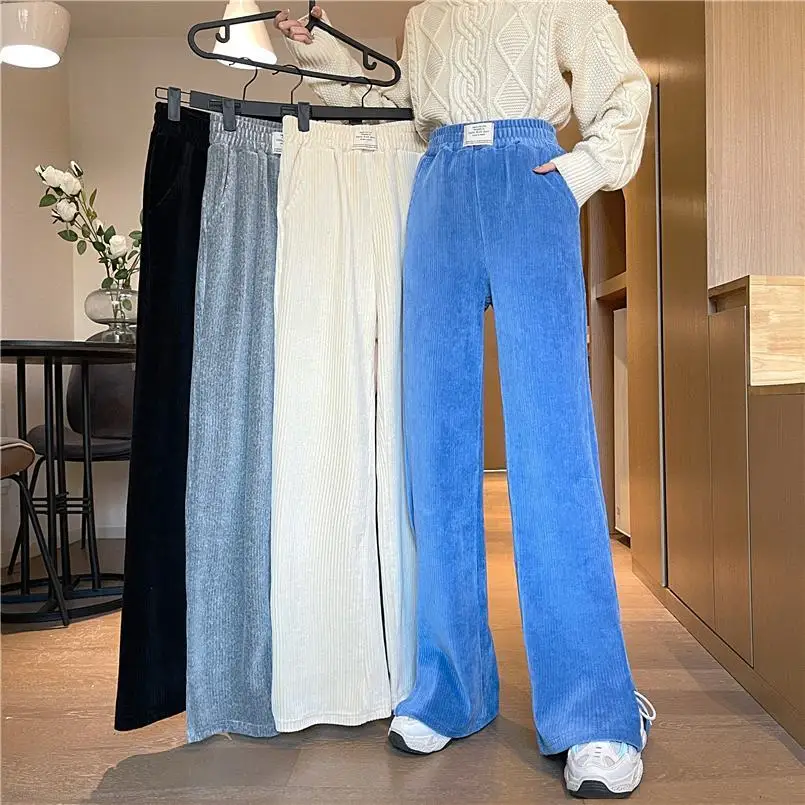 

Spring Autumn Corduroy Baggy Pants Women New Korean High Waist Slit Wide Leg Pants Fashion Casual Trousers Female