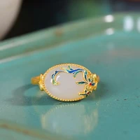 925 gold plated inlaid imitation khotan jade temperament ethnic style flower vine opening adjustment ring for women fine jewelry