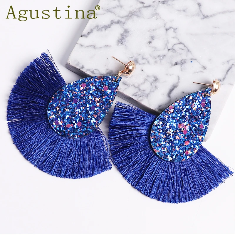 Женские серьги с кисточками Agustina Синие Блестящие винтажные массивные аксессуары