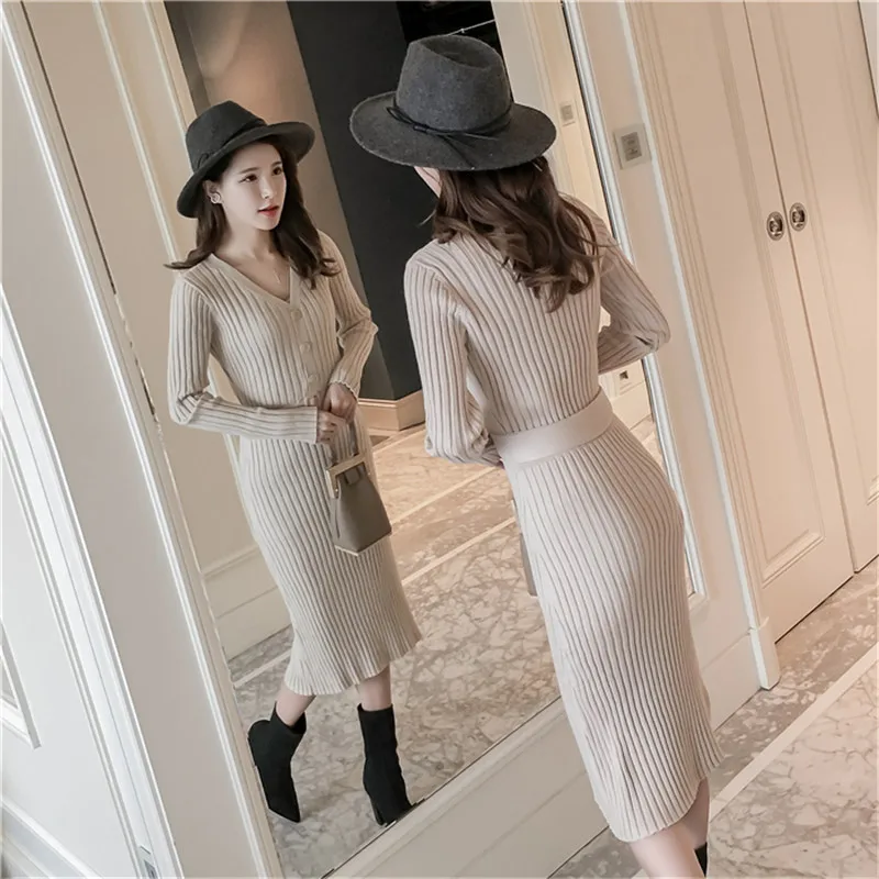 

Women Dress 2019 Autumn Winter New Knit Sweater Dresses Mid-Long V Neck Long Sleeve Elastic Force Sweater Pullover With Belt