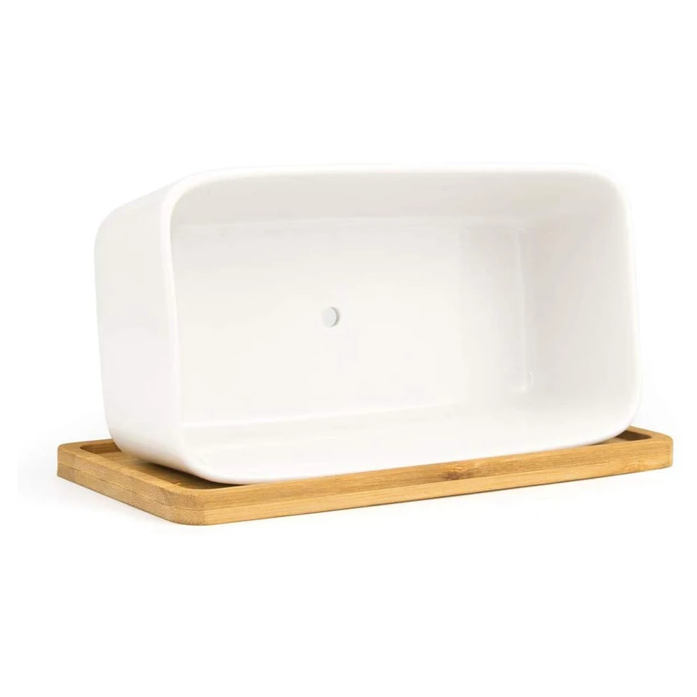 

2PCS Succulent Plant Pot Flower Pot Cactus Bonsai Container Ceramic Rectangular with Bamboo Tray White