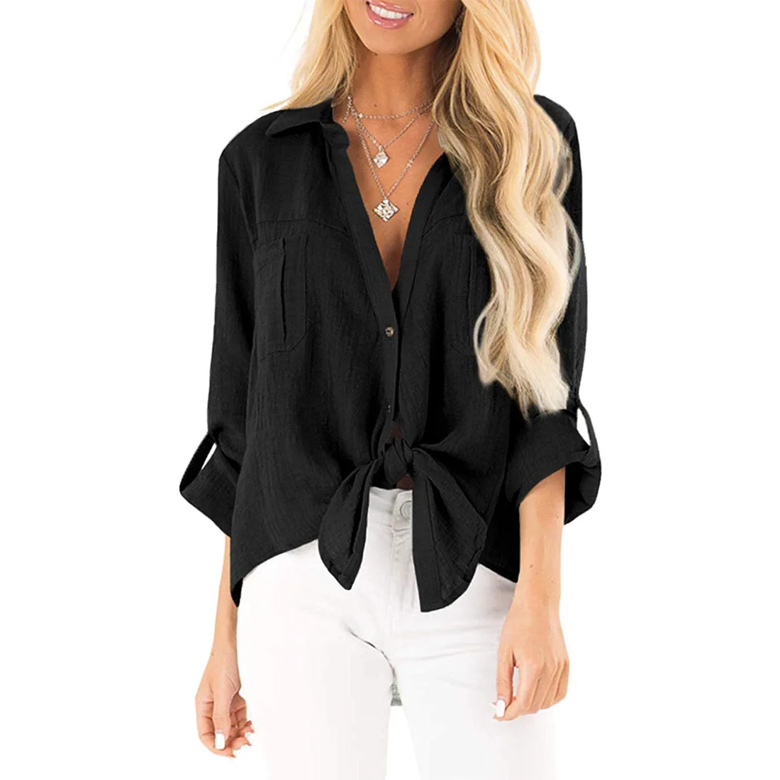 Весна и осень новый хлопковый льняной Топ женский топ с v-образным вырезом