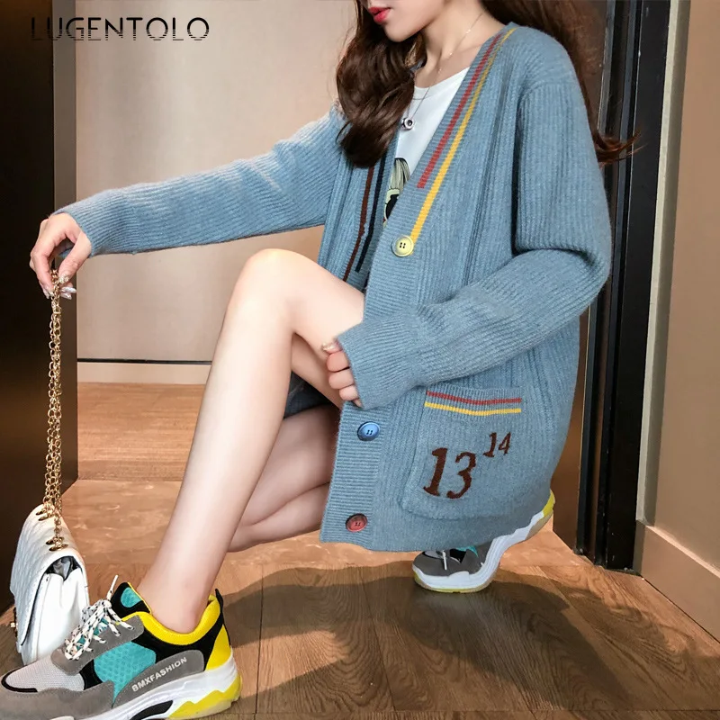 

Women Fashion Sweater Spring Autumn Loose New Korean Lazy Outdoor Knitted Cardigan Stripe Lady Casual Sweaters Lugentolo