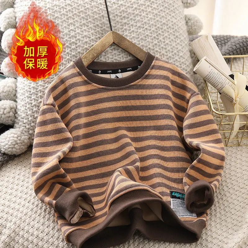 Boys' Fleece-Lined Sweater New Children's Stripe Thickening Warm Medium and Big Children's Boy Bottoming Shirt Long-Sleeved Top