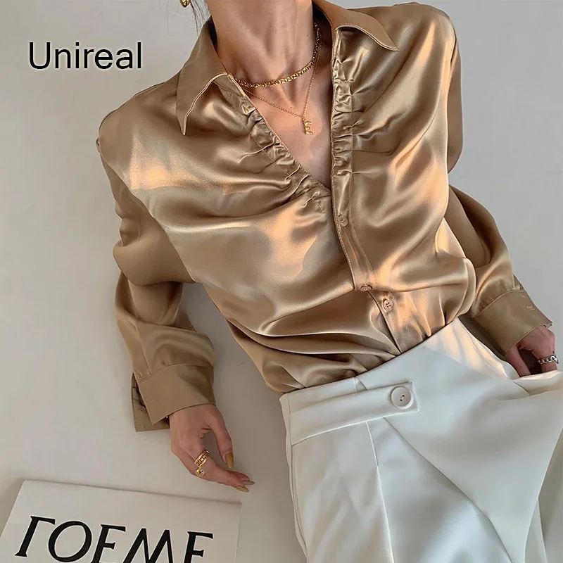 Unireal 2022 Spring Summer Vintage Women Satin Shirt Blouse Long Sleeve Drapped Gold Sexy Shirt Tops