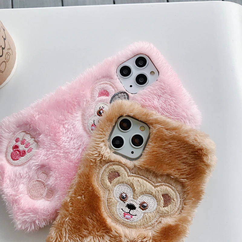 Cute 3D Cartoon Rabbit Monkey Fur plush warm phone Case For 7 8 Plus X XS 11 Pro MAX XR Protective Back Cover With Glass Film |