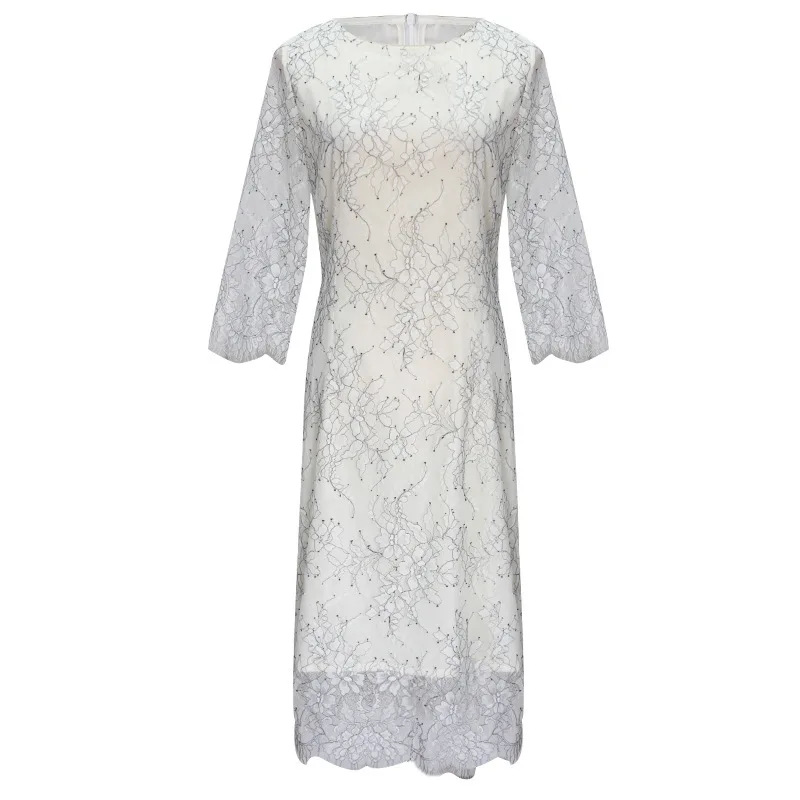 

Spring Dress Women Apricot White 3/4 Sleeve Hollow Out Vintage Lace Dress Plus Size Vestido Slim Waist Elegant Party Dresses