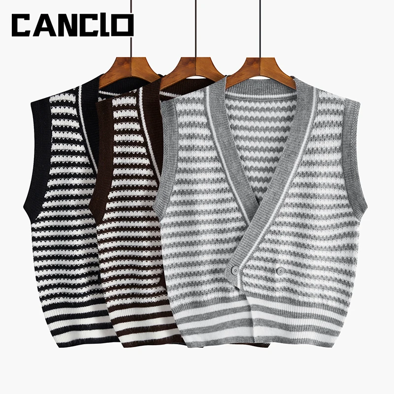 

Stripe Single Button V Neck Sweater Vest Y2k Vintage Top Fall Winter 2021 Womens Fashion Loose Streetwear Korean Style Tank Tops